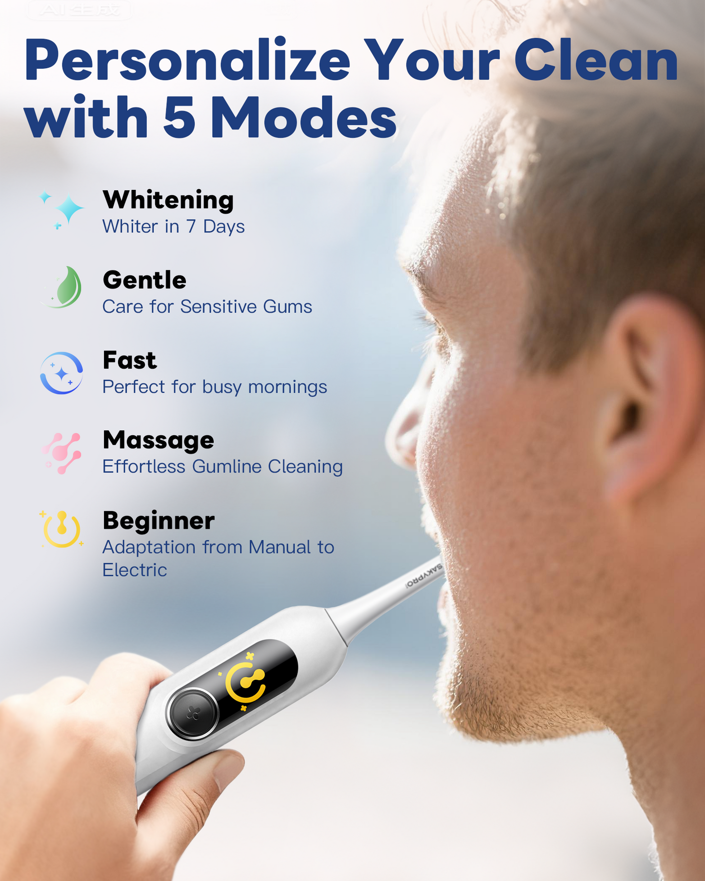 G5S Smart Electric Toothbrush 6 Brush Heads White